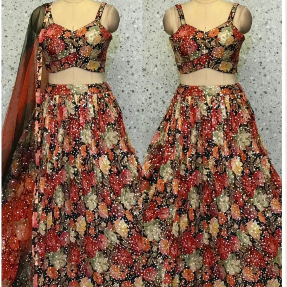 Floral Black and Red Lehenga Choli